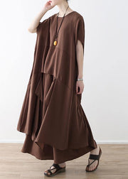 French chocolate Casual Catwalk asymmetric tops and wide leg pants loose Summer - SooLinen