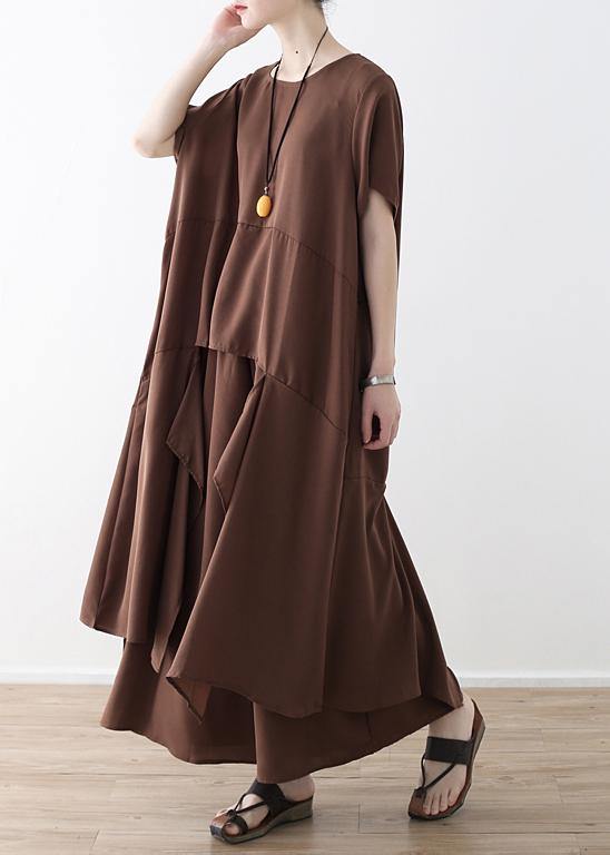 French chocolate Casual Catwalk asymmetric tops and wide leg pants loose Summer - SooLinen