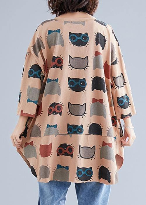 French chocolate print cotton tunic top o neck pockets Art shirts - SooLinen