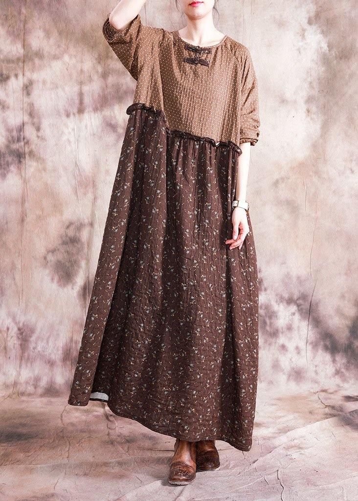 French chocolate print linen cotton dresses o neck patchwork long fall Dresses - SooLinen