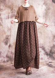 French chocolate print linen cotton dresses o neck patchwork long fall Dresses - SooLinen