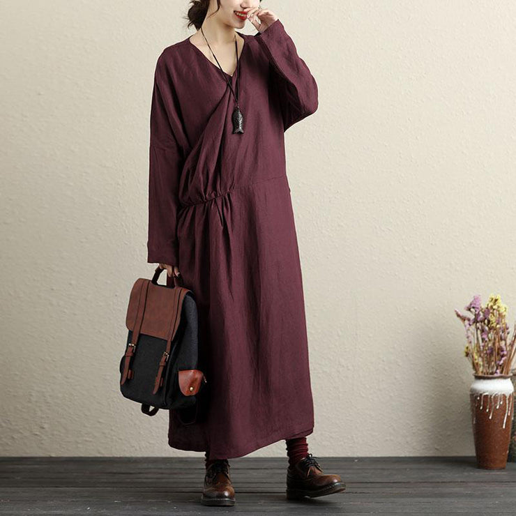 French cotton Long Shirts Pakistani V Neck Long Sleeves Dark Red Women Dress