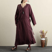 French cotton Long Shirts Pakistani V Neck Long Sleeves Dark Red Women Dress