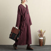 French cotton Long Shirts Pakistani V Neck Long Sleeves Dark Red Women Dress