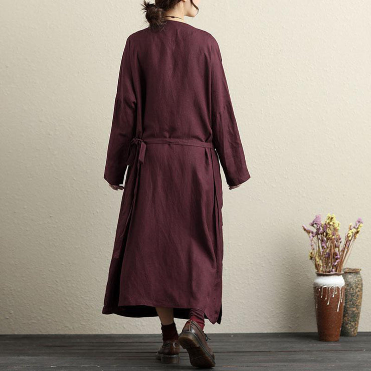 French cotton Long Shirts Pakistani V Neck Long Sleeves Dark Red Women Dress