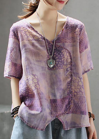 French cotton Tunic stylish Light And Loose Printed Cotton Linen T-Shirt - SooLinen