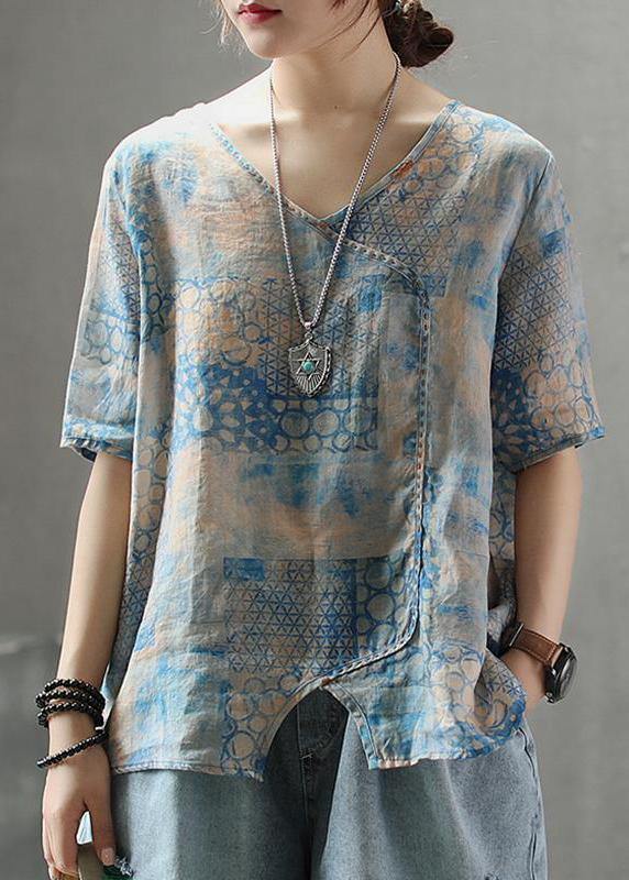 French cotton Tunic stylish Light And Loose Printed Cotton Linen T-Shirt - SooLinen