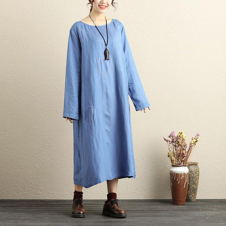 French cotton dresses Fitted Round Neck Long Sleeve Cotton Linen Blue Women Dress