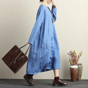 French cotton dresses Fitted Round Neck Long Sleeve Cotton Linen Blue Women Dress