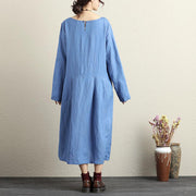 French cotton dresses Fitted Round Neck Long Sleeve Cotton Linen Blue Women Dress