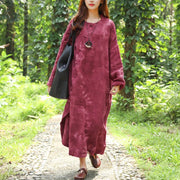 French cotton linen quilting clothes Fine Autumn Long Sleeve Dyeing Red Dress For Women