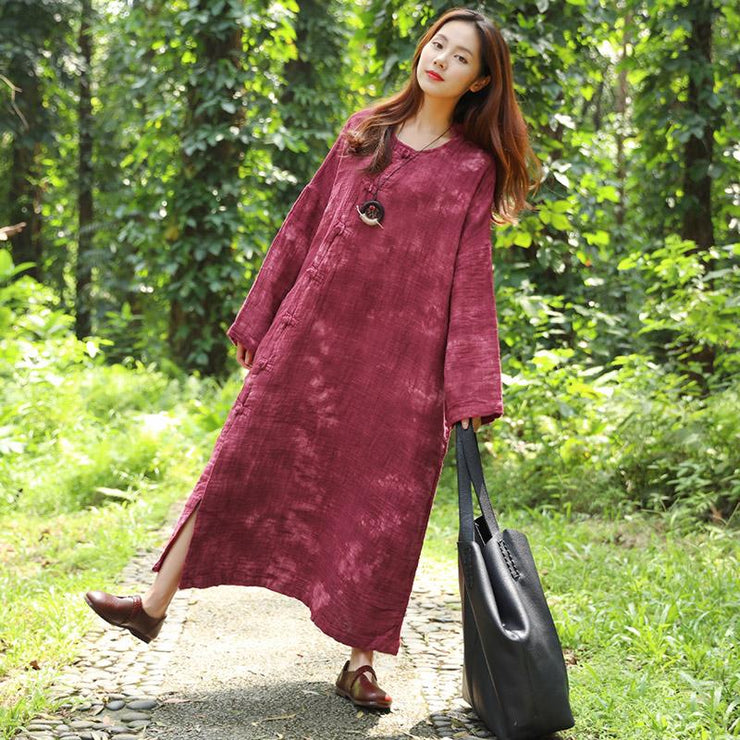 French cotton linen quilting clothes Fine Autumn Long Sleeve Dyeing Red Dress For Women