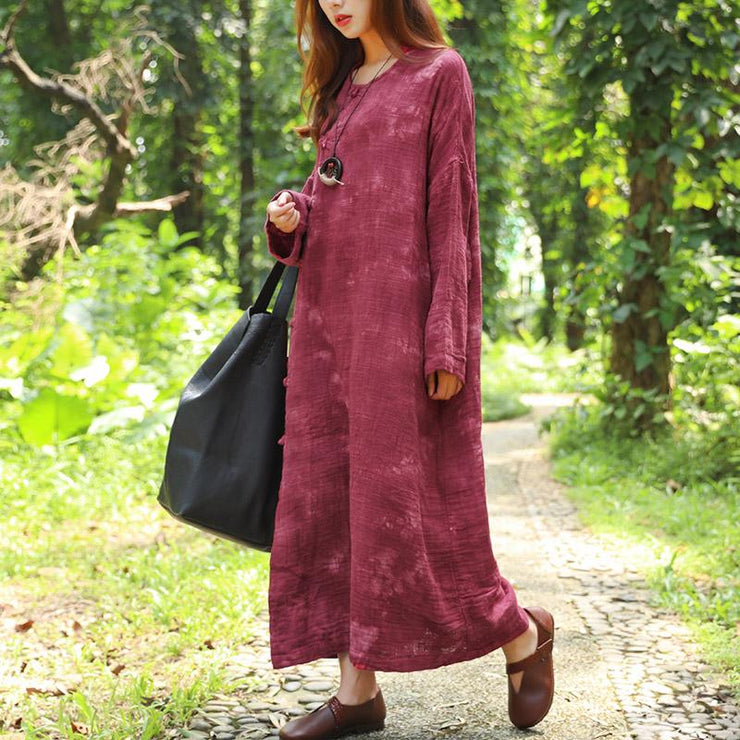 French cotton linen quilting clothes Fine Autumn Long Sleeve Dyeing Red Dress For Women