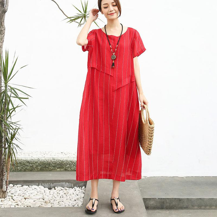 French cotton quilting clothes Fashion Linen Cotton Women Short Sleeve Stripe Red Dress