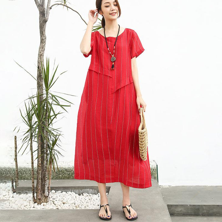 French cotton quilting clothes Fashion Linen Cotton Women Short Sleeve Stripe Red Dress