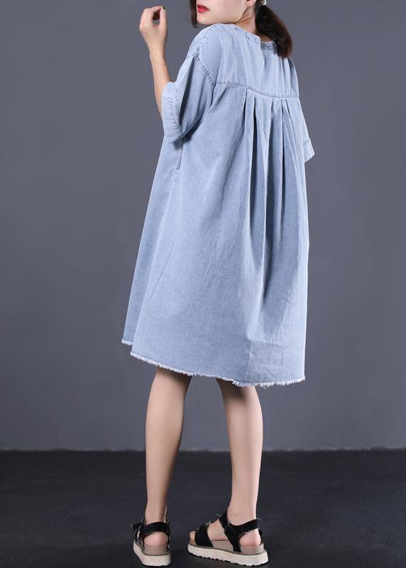 French denim blue Cotton quilting dresses v neck loose summer Dress - SooLinen