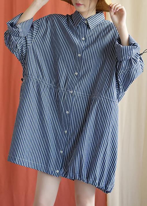 French drawstring Cotton dresses Fabrics dark blue shirt Dress fall - SooLinen