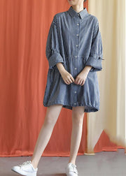 French drawstring Cotton dresses Fabrics dark blue shirt Dress fall - SooLinen