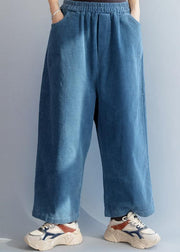 French elastic waist wild trousers oversized blue wide leg trousers - SooLinen