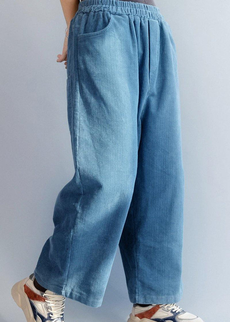 French elastic waist wild trousers oversized blue wide leg trousers - SooLinen