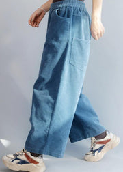 French elastic waist wild trousers oversized blue wide leg trousers - SooLinen