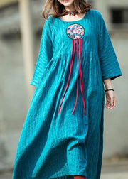 French embroidery o neck linen Robes Cotton blue striped Dress summer - SooLinen