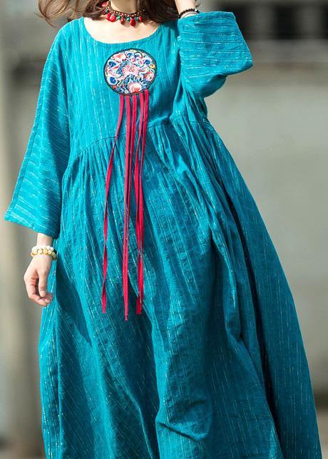 French embroidery o neck linen Robes Cotton blue striped Dress summer - SooLinen