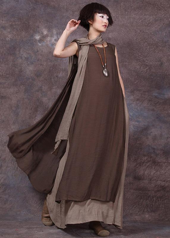 French false two pieces linen dresses Neckline chocolate sleeveless Dress summer - SooLinen