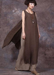 French false two pieces linen dresses Neckline chocolate sleeveless Dress summer - SooLinen