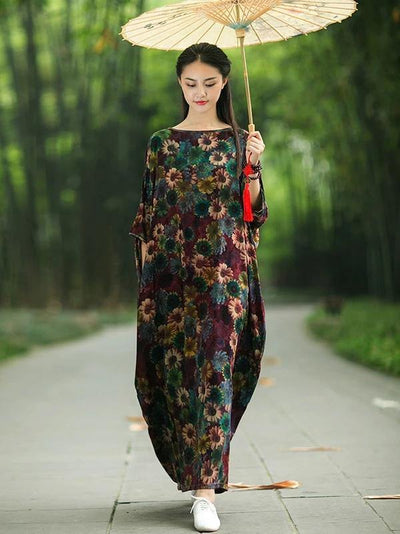 French floral cotton Long Shirts Slash neck Batwing Sleeve Maxi Dress - SooLinen