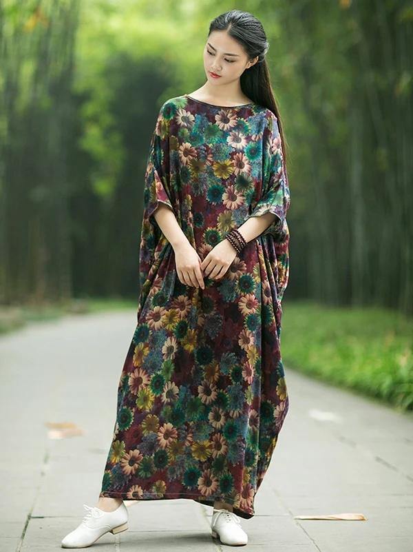 French floral cotton Long Shirts Slash neck Batwing Sleeve Maxi Dress - SooLinen