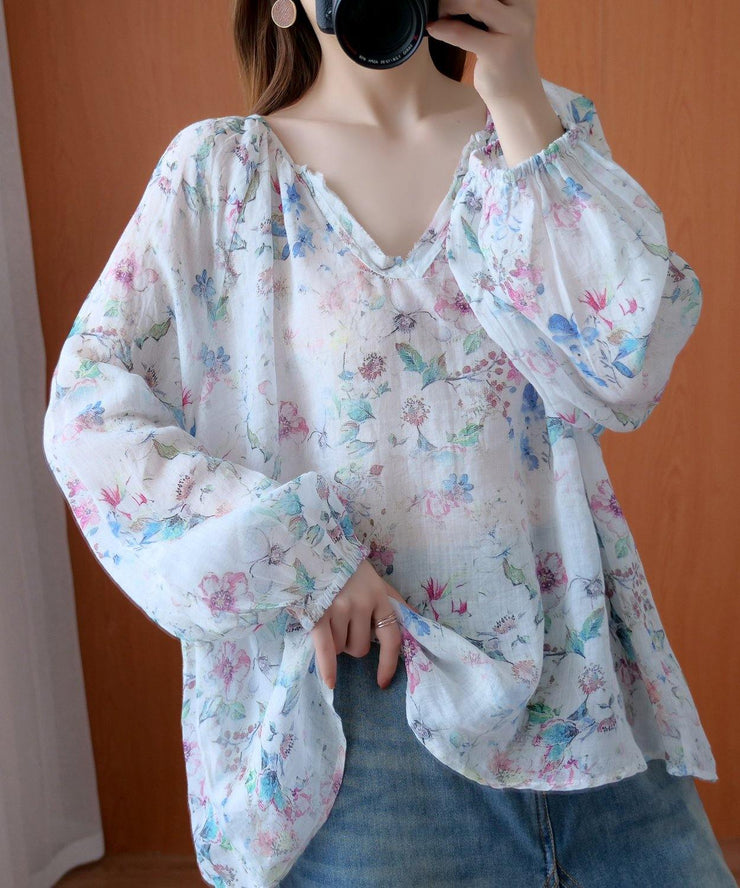 French floral shirts women v neck baggy Midi blouse - SooLinen