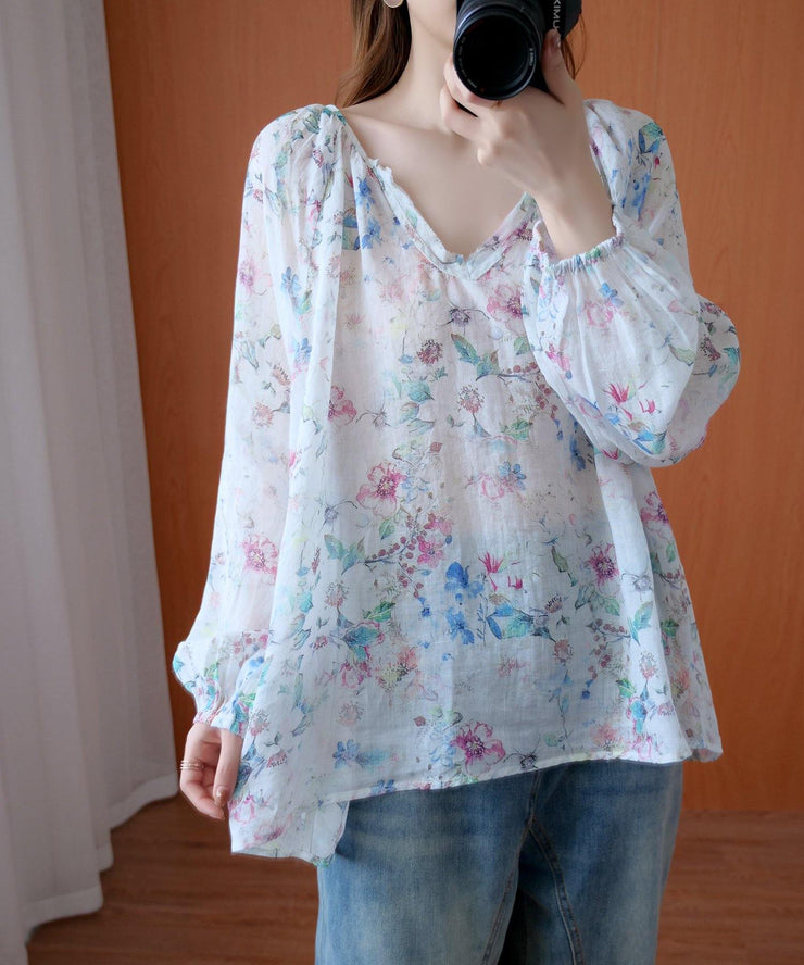 French floral shirts women v neck baggy Midi blouse - SooLinen