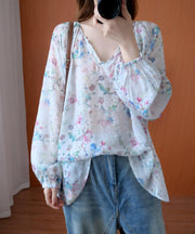 French floral shirts women v neck baggy Midi blouse - SooLinen