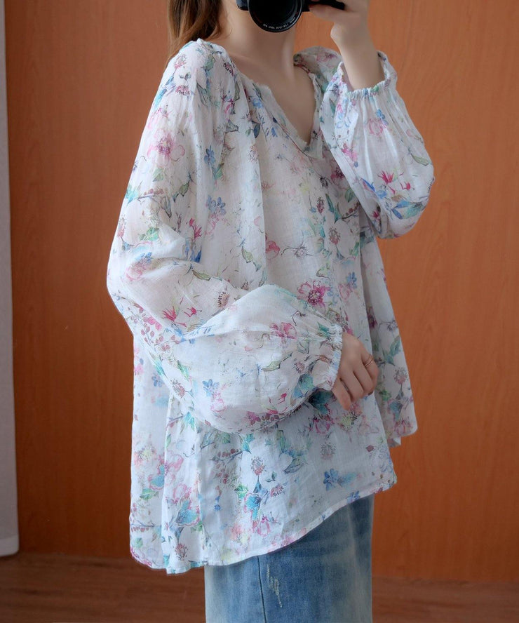 French floral shirts women v neck baggy Midi blouse - SooLinen