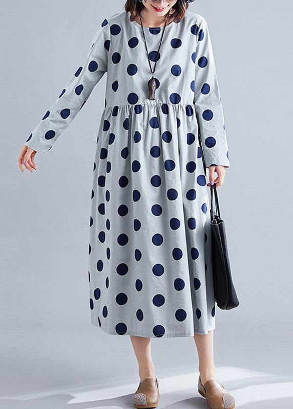 French gray o neck Chiffon clothes For Women dotted Traveling fall Dress - SooLinen