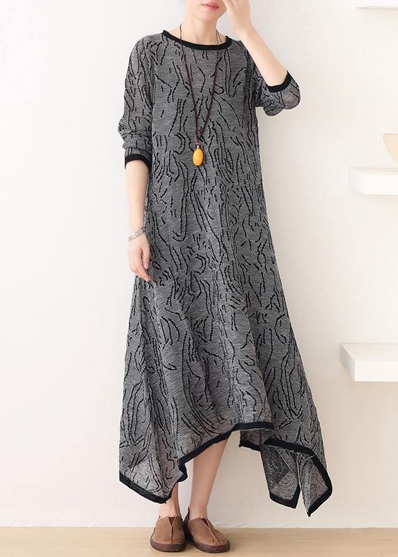 French gray striped quilting clothes o neck asymmetric Plus Size Clothing Dress - SooLinen