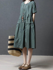 French green Cotton Tunics o neck pockets Dresses - SooLinen