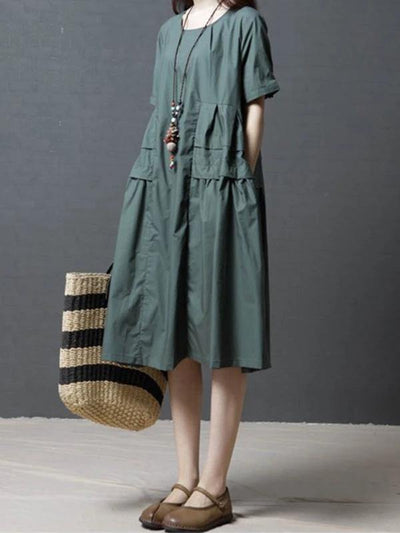 French green Cotton Tunics o neck pockets Dresses - SooLinen