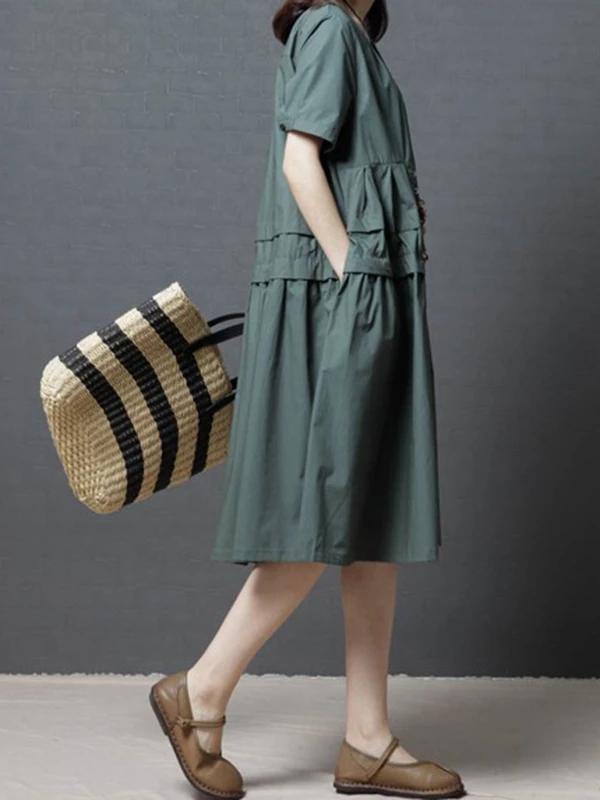 French green Cotton Tunics o neck pockets Dresses - SooLinen