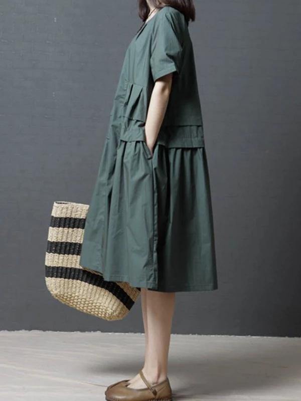 French green Cotton Tunics o neck pockets Dresses - SooLinen