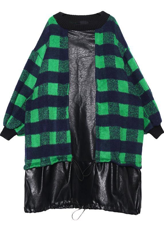 French green plaid cotton clothes drawstring Plus Size patchwork Dress - SooLinen