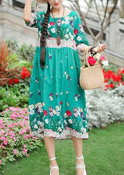 French green print Cotton o neck half sleeve loose summer Dresses - SooLinen