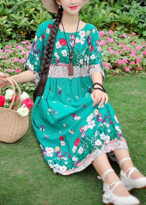 French green print Cotton o neck half sleeve loose summer Dresses - SooLinen