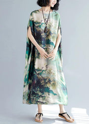 French green print clothes Women o neck batwing sleeve Traveling summer Dresses - SooLinen