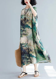 French green print clothes Women o neck batwing sleeve Traveling summer Dresses - SooLinen