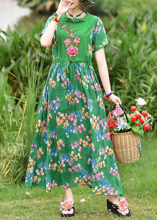 French green print cotton clothes tie waist embroidery cotton robes summer Dress - SooLinen