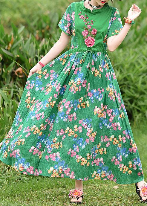 French green print cotton clothes tie waist embroidery cotton robes summer Dress - SooLinen