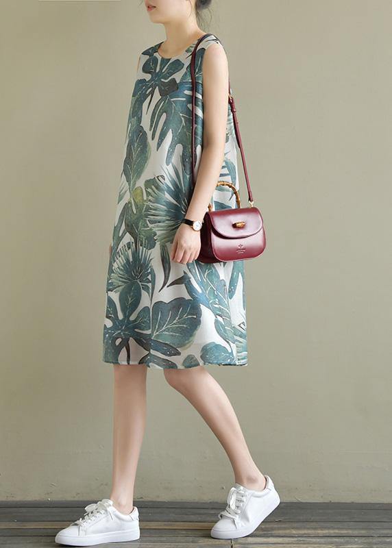 French green print dresses sleeveless Dresses summer Dress - SooLinen