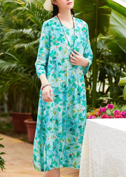 French green print linen clothes For Women o neck pockets loose summer Dress - SooLinen